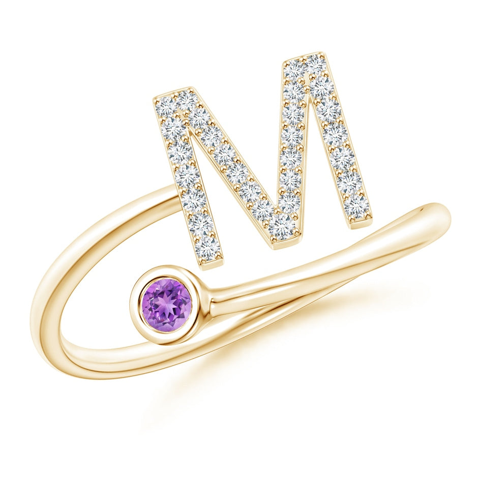 Capital 'M' Diamond Initial Ring with Bezel-Set Amethyst