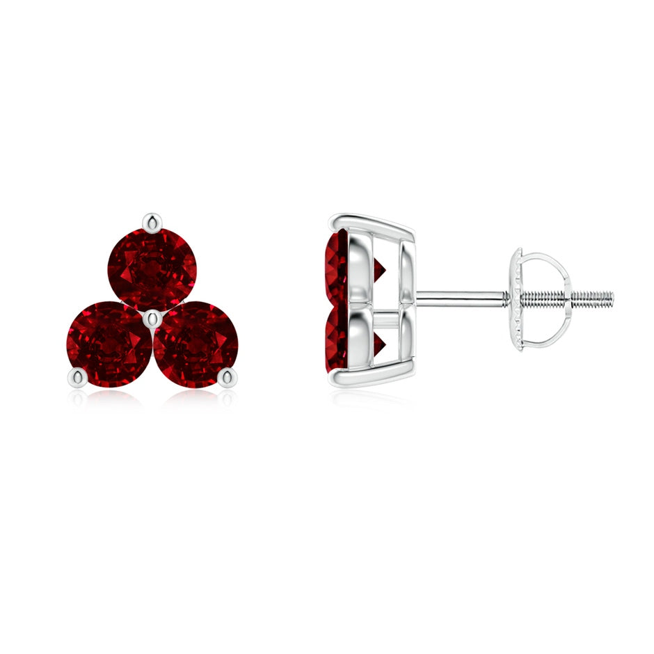 Round Ruby Three Stone Stud Earrings