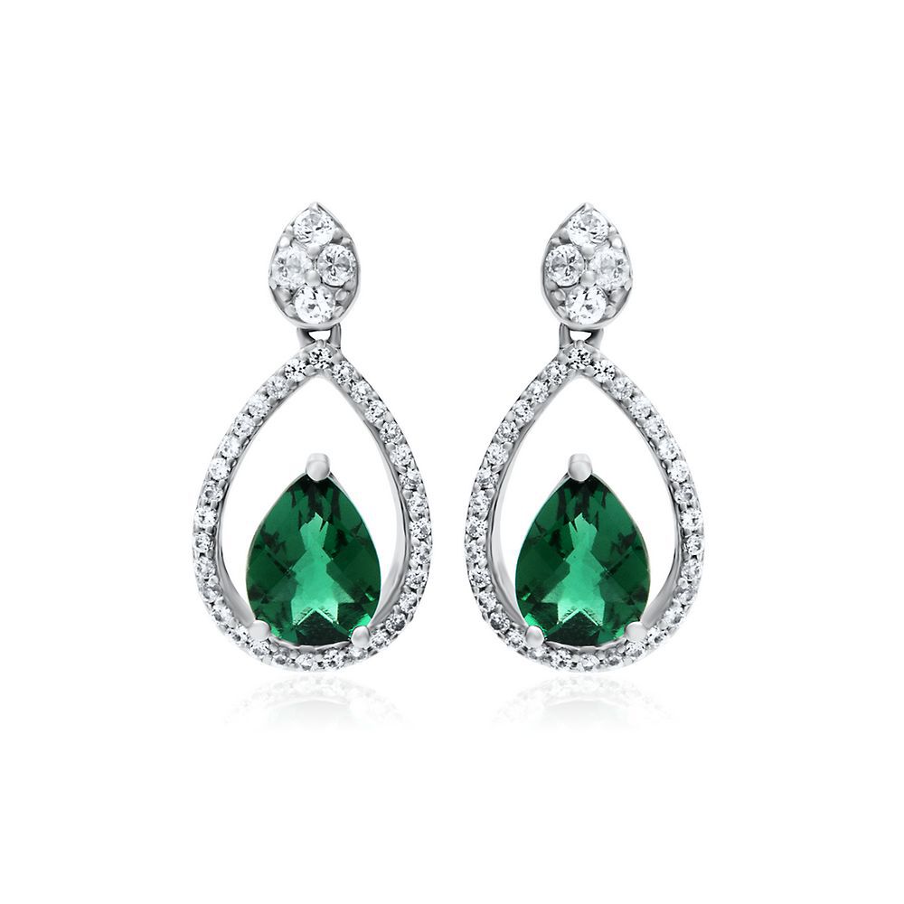 Lab Created Emerald & White Sapphire Teardrop Dangle Earrings in Sterling Silver