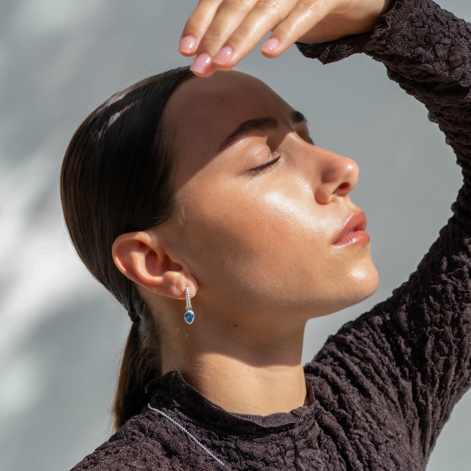 Blue Topaz Twist Huggie Charm Hoops