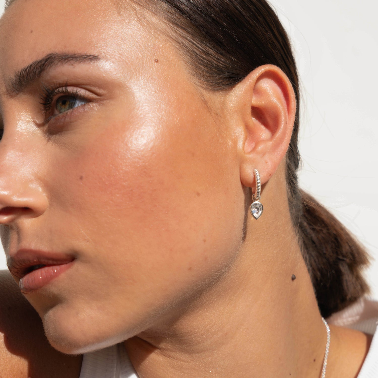 White Topaz Twist Huggie Charm Hoops