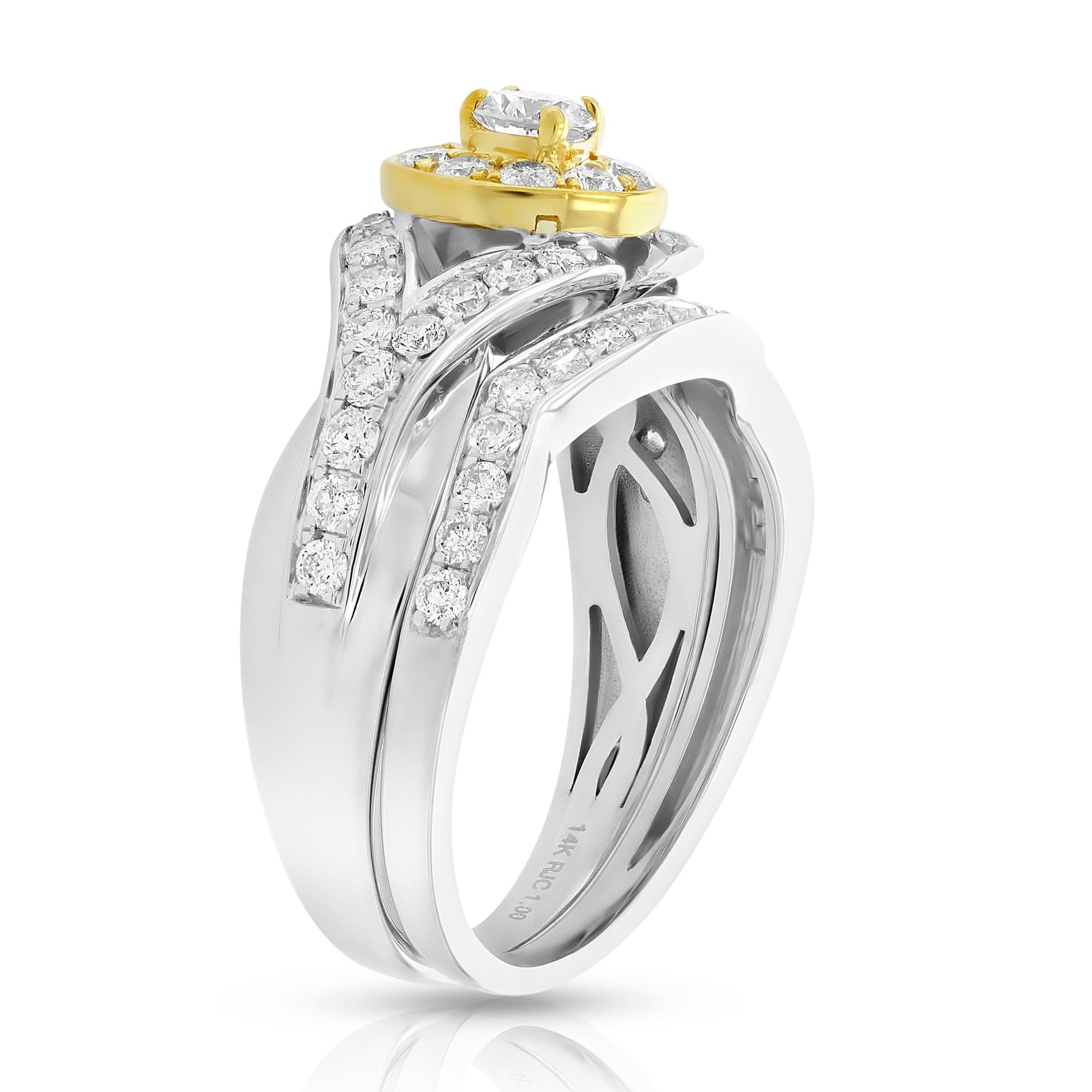 1 Cttw Diamond Engagement Bridal Ring Set 14K Two Tone Gold Halo Style Wedding