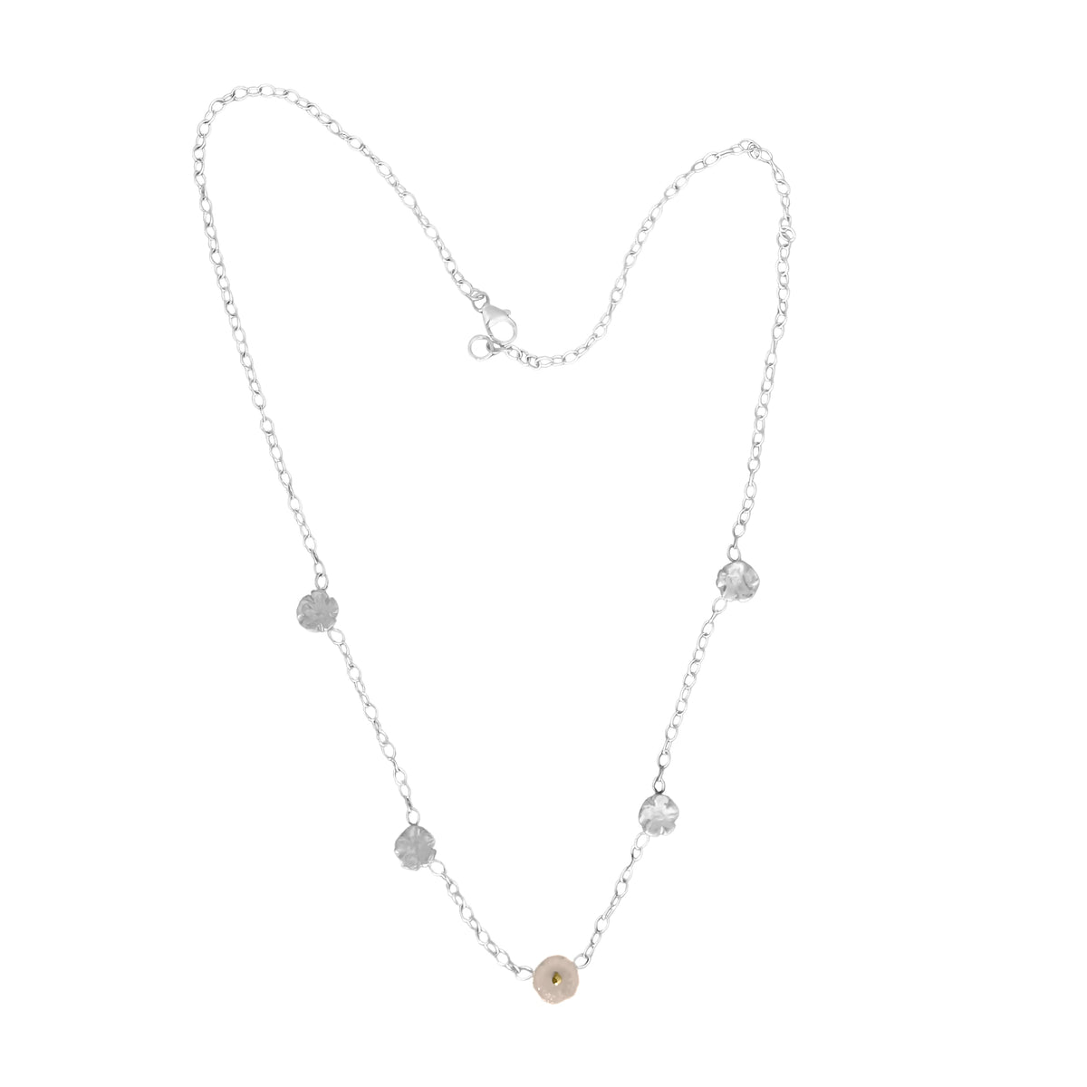 fleur d'argent necklace with small rose quartz stone