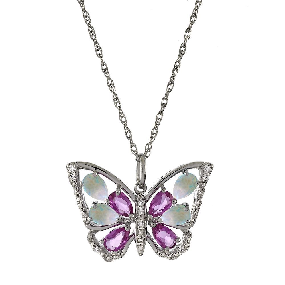 Lab Created Opal & Sapphire Butterfly Pendant in Sterling Silver