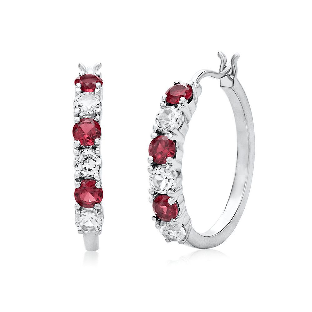 Lab Created Ruby & White Sapphire Hoop Earrings in Sterling Silver