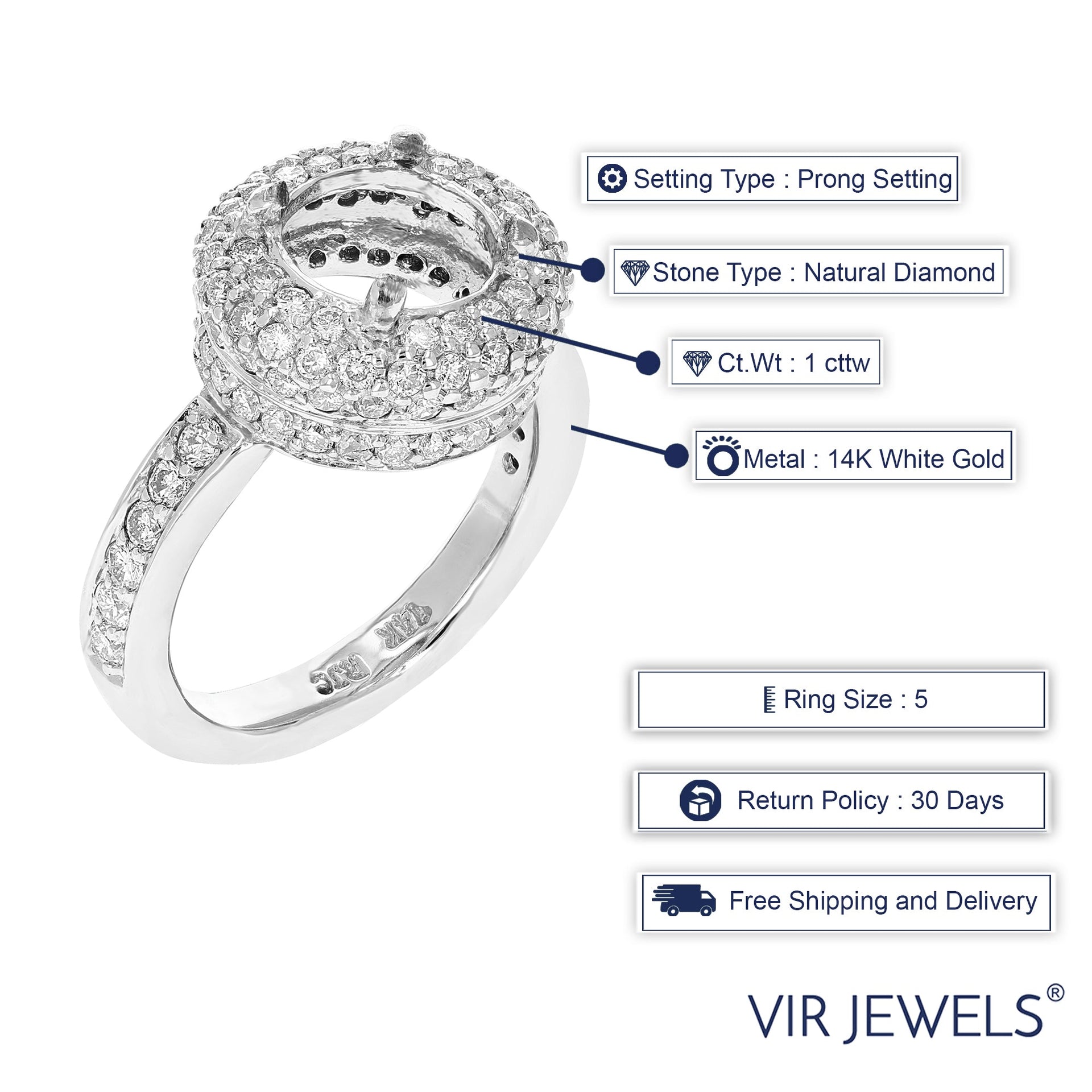 1 cttw Diamond Semi Mount Engagement Ring 14K White Gold Round Bridal