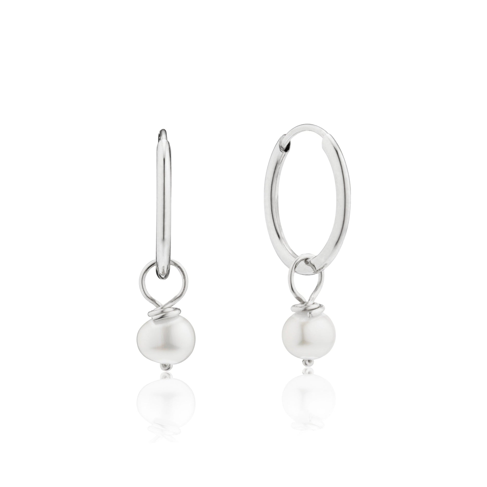 Solid White Gold Small Pearl Drop Hoop Earrings
