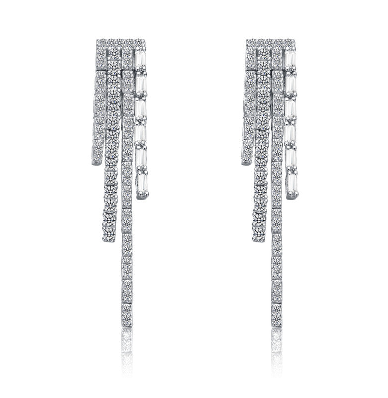 Sterling Silver White Gold Plated With Cubic Zirconia Graduated Fringe Dangle Earrings