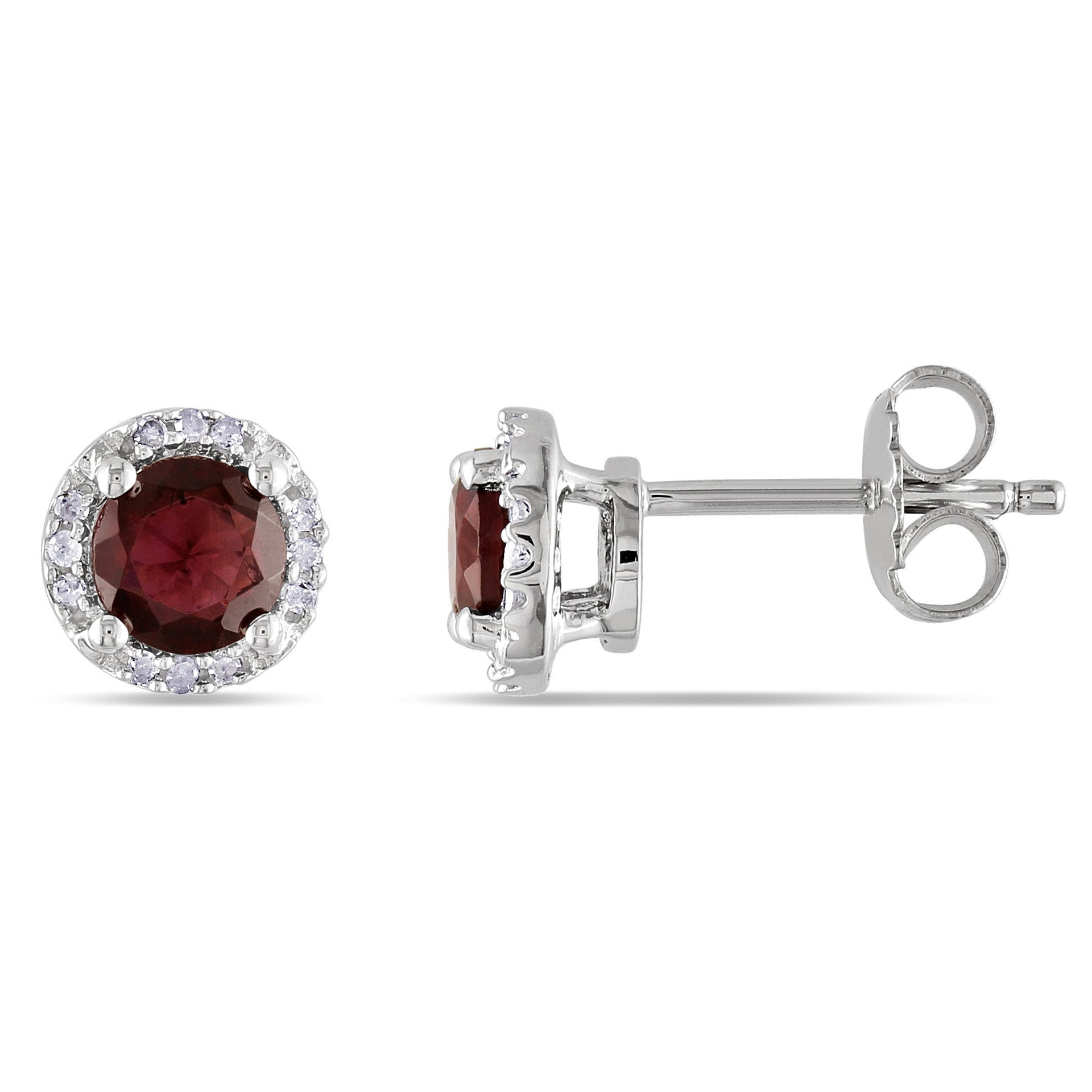 Garnet and Diamond Halo Stud Earrings in Sterling Silver
