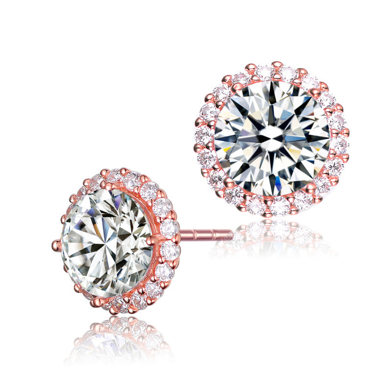 GENEVIVE Sterling Silver Rose Gold Plated Cubic Zirconia Button Stud Earrings