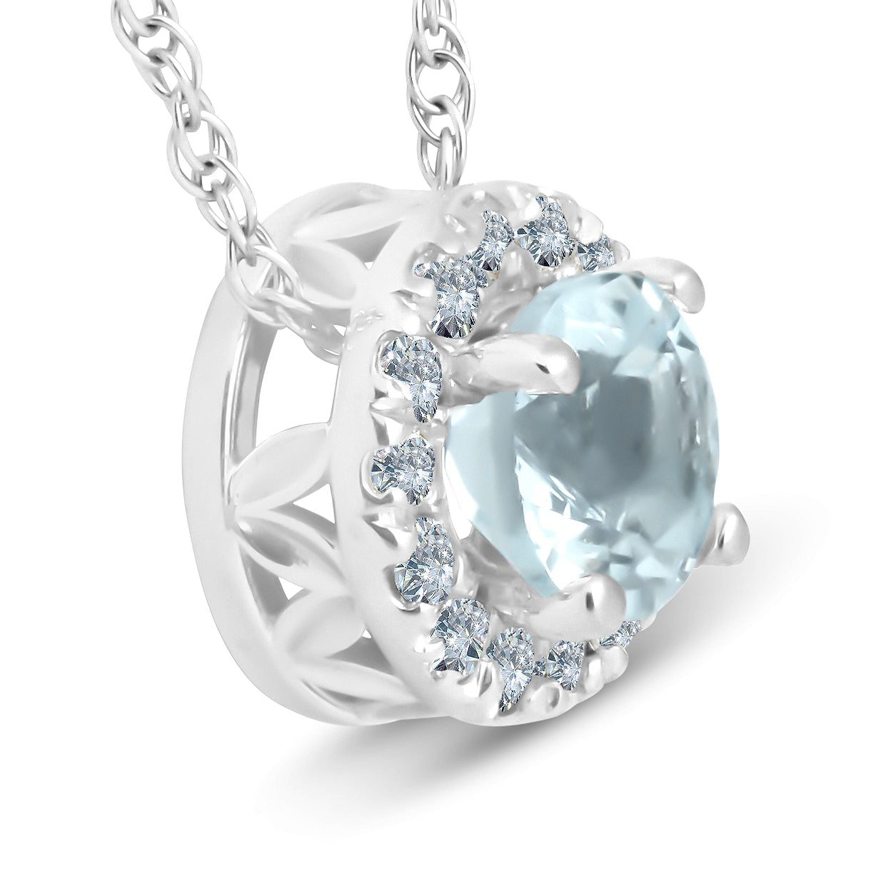 3/4ct Round Diamond & Aquamarine Halo Solitaire Pendant Necklace 14k White Gold