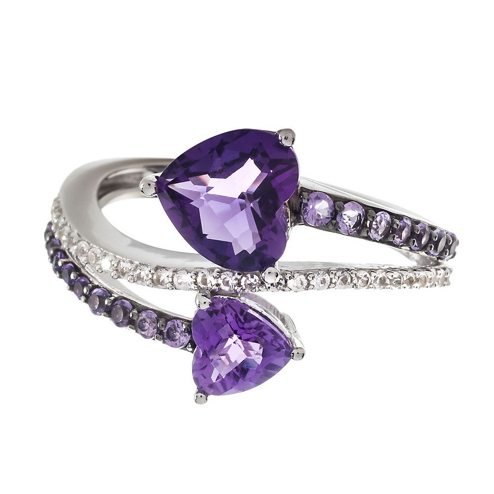 Amethyst & Lab Created White Sapphire Bypass Heart Ring in Sterling Silver