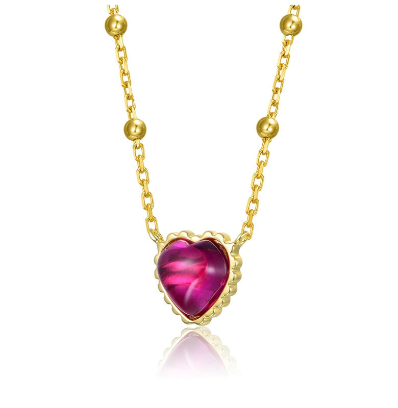 Sterling Silver 14k Gold Plated With Ruby Red Heart Cubic Zirconia Solitaire Necklace For Teens
