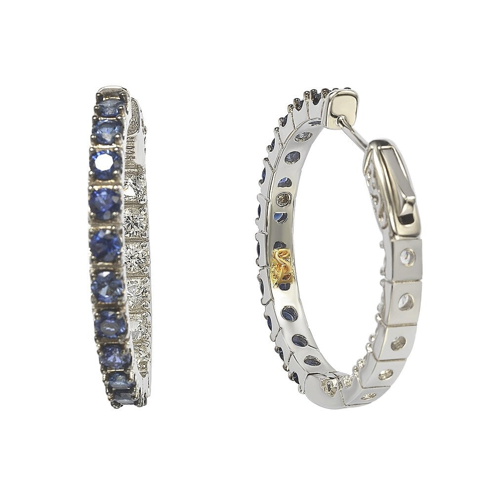 Suzy Levian Sterling Silver Blue Sapphire and Diamond Accent Hoop Earring