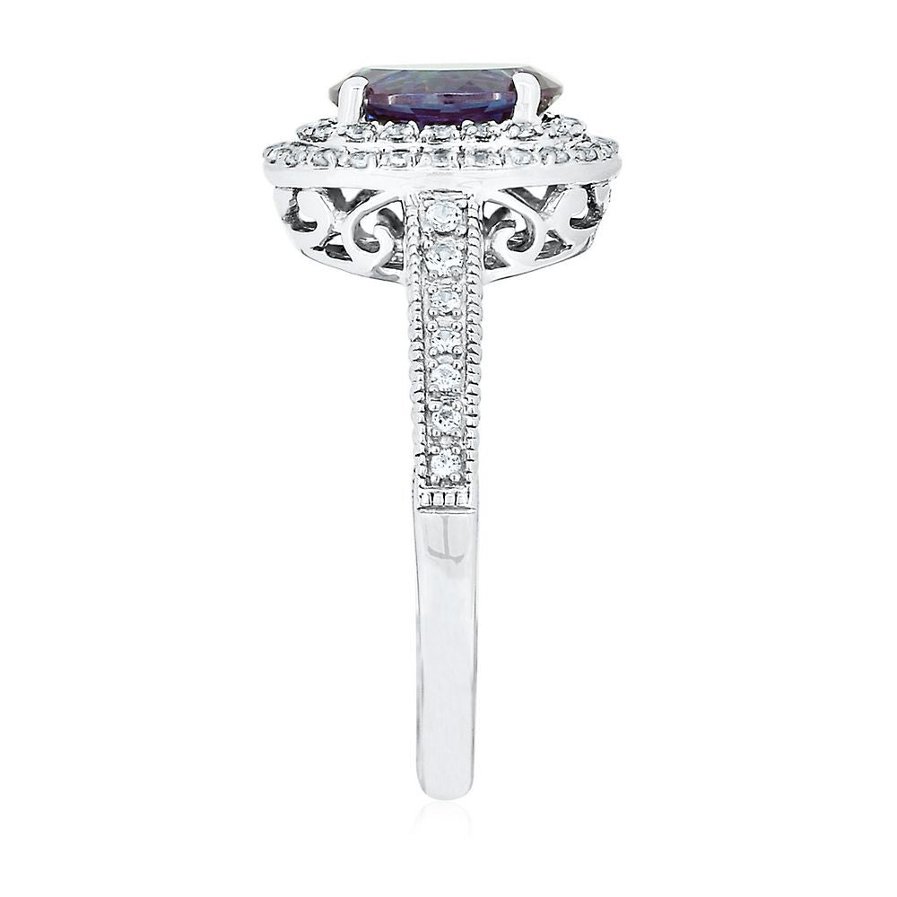 Lab Created Alexandrite & White Sapphire Halo Ring in Sterling Silver