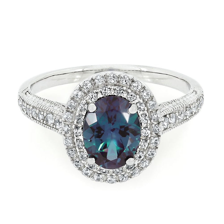 Lab Created Alexandrite & White Sapphire Halo Ring in Sterling Silver