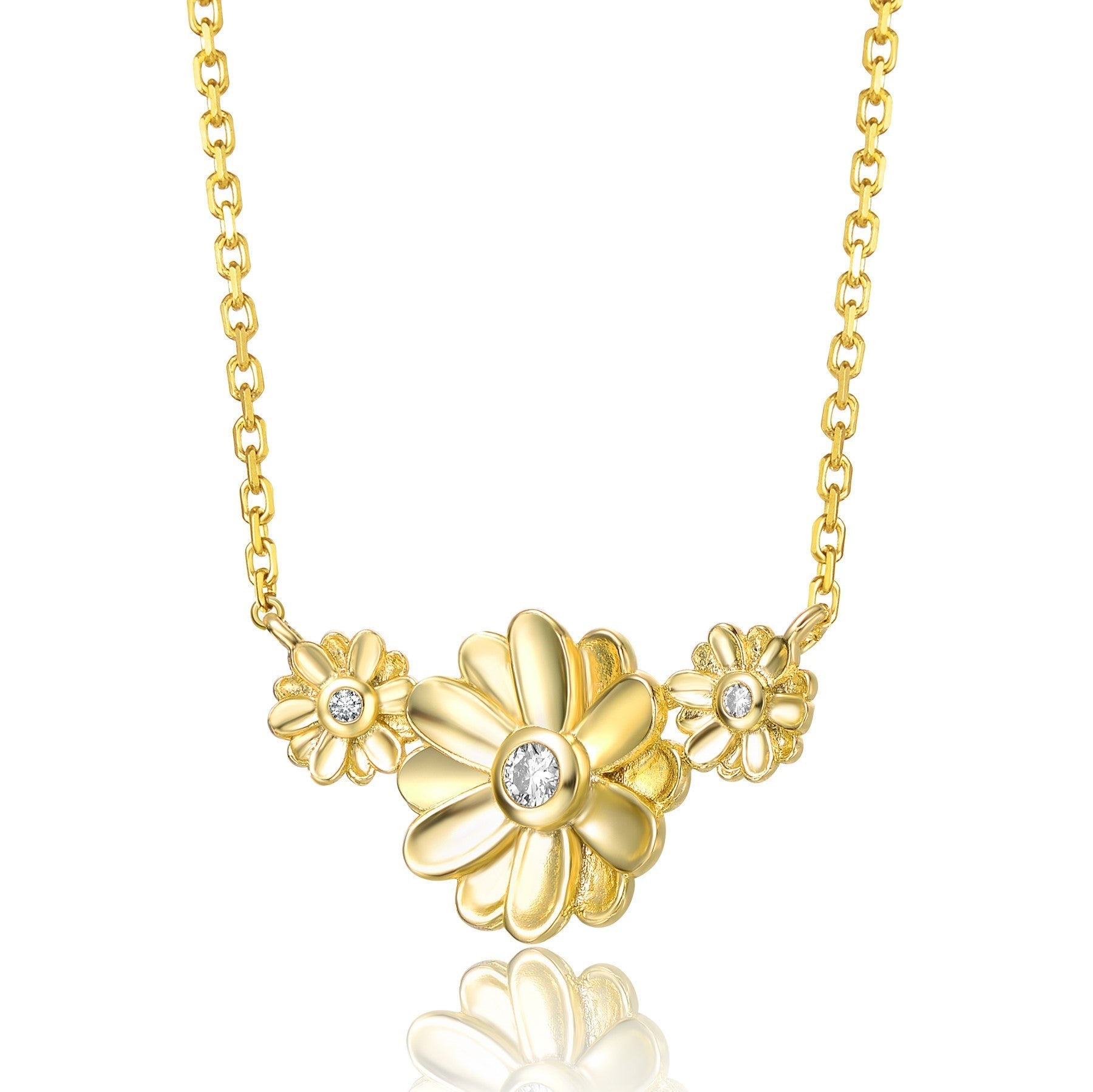 RG Young Adults/Teens 14k Yellow Gold Plated with Cubic Zirconia Triple Daisy Flower Chevron Pendant Necklace