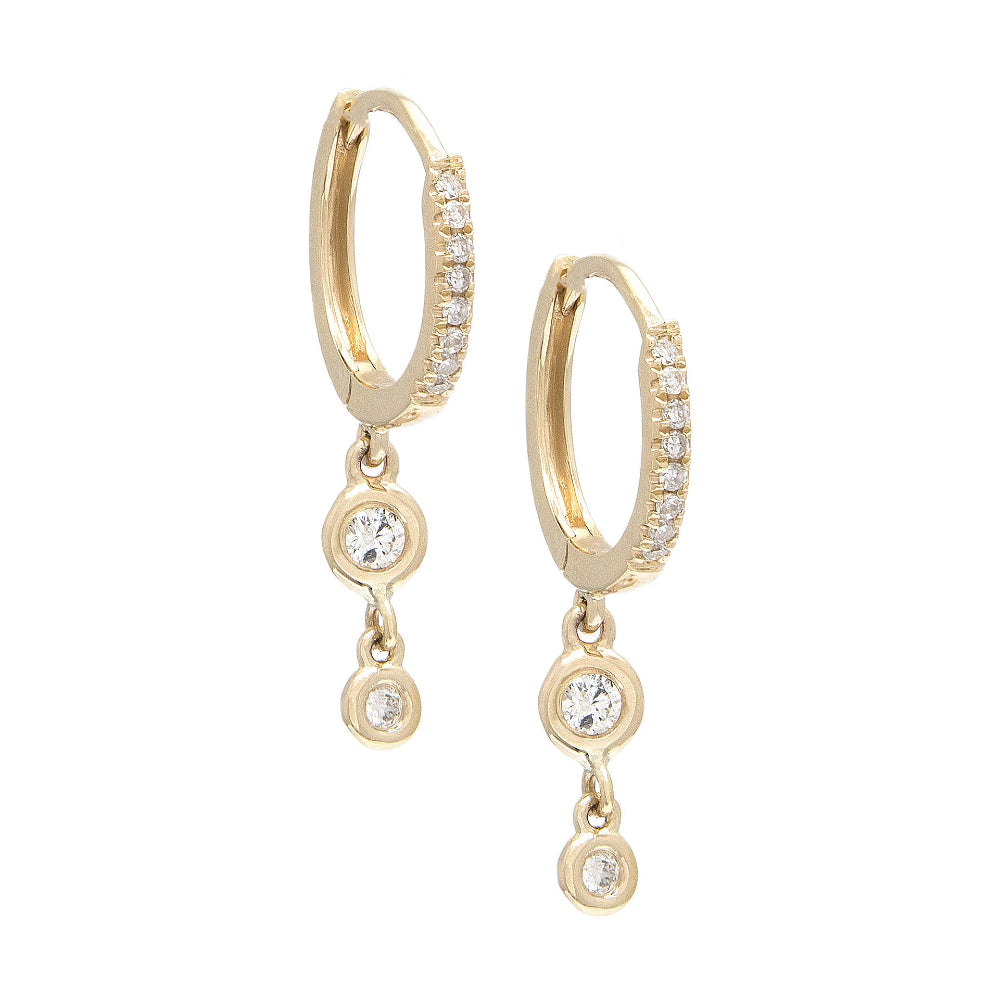 Gold Double Drop Bezel Diamond Hoop Earring