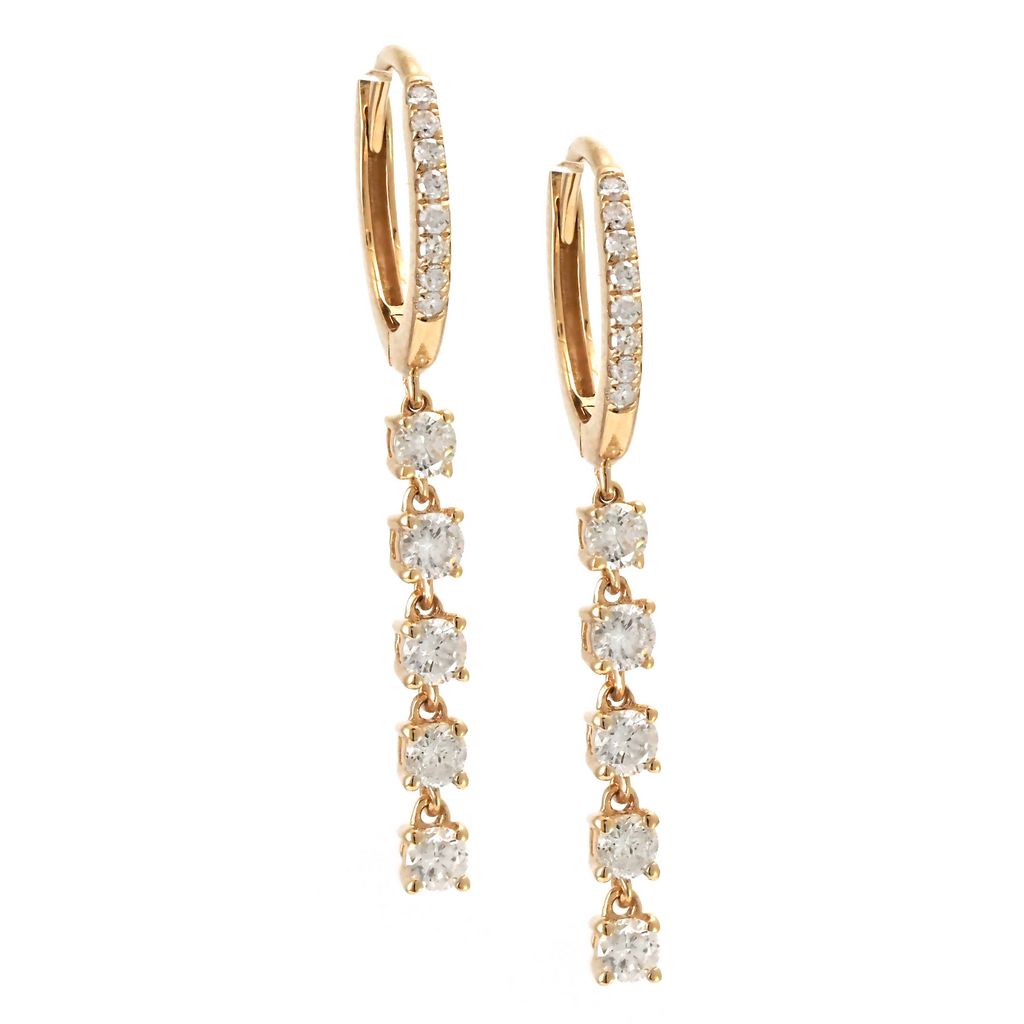 Gold Five Diamond Drop Hoop Earrings