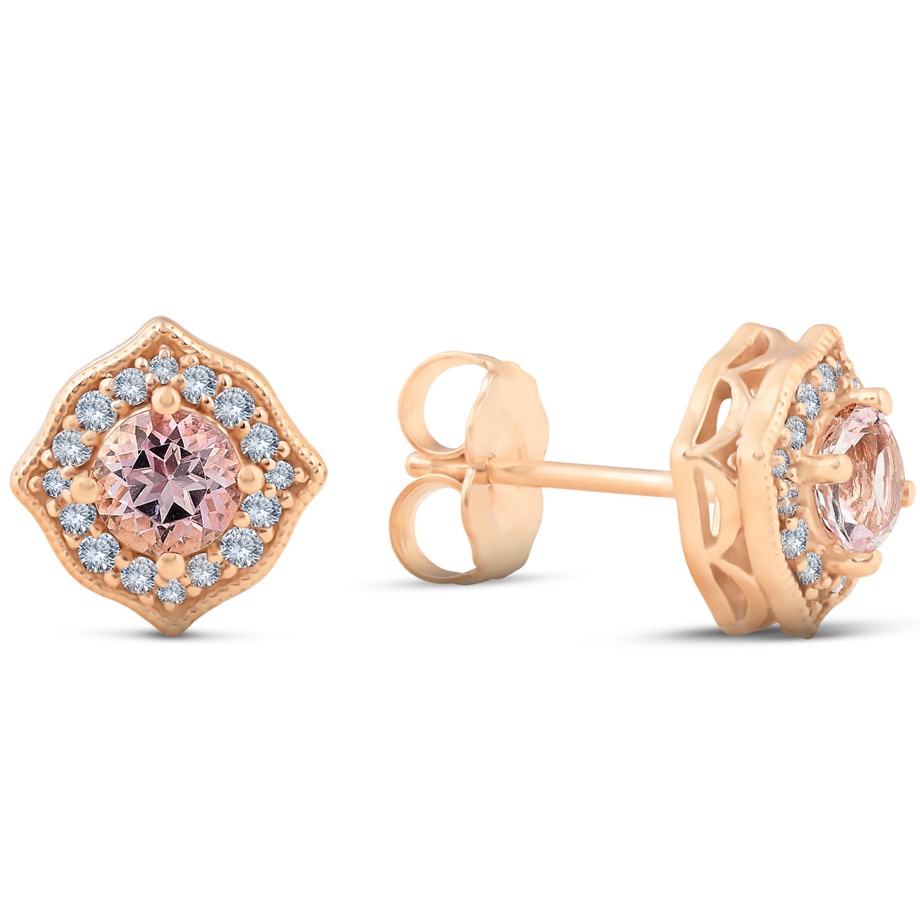 5/8 ct Pink Topaz & Diamond Vintage Halo Studs 14k Rose Gold