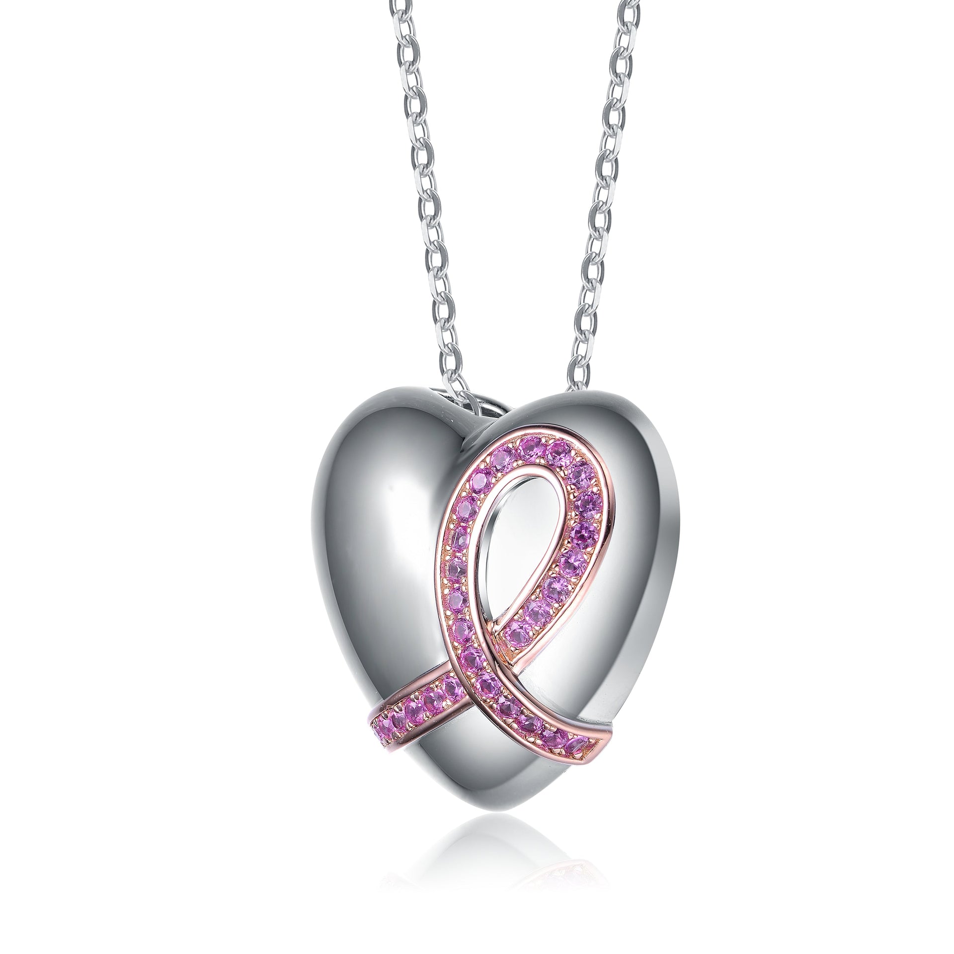 Sterling Silver Two Tone and Pink Cubic Zirconia Heart Necklace