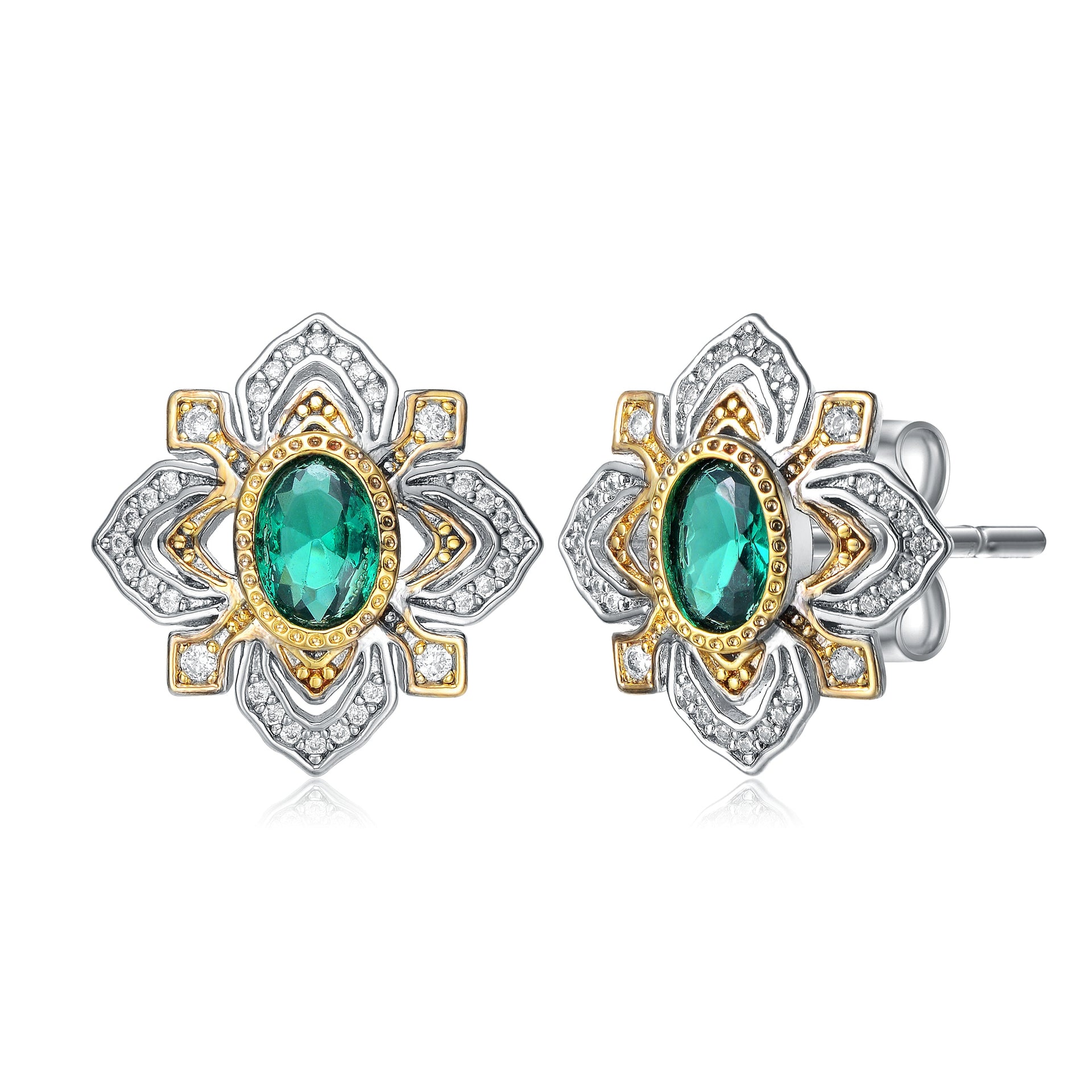 Rhodium And 14k Gold Plated Emerald Cubic Zirconia Stud Earrings