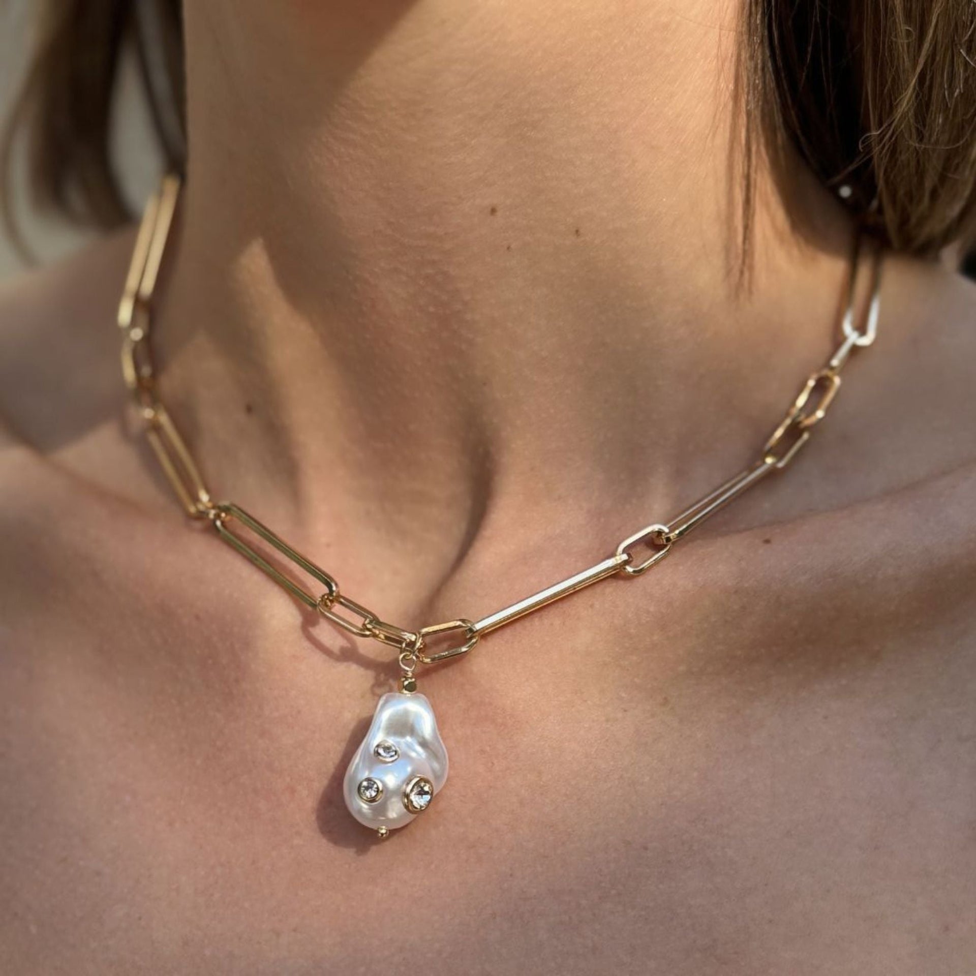 14k Gold Plated Paper Clip Chain With Crystal-decorated Pearl Drop Necklace