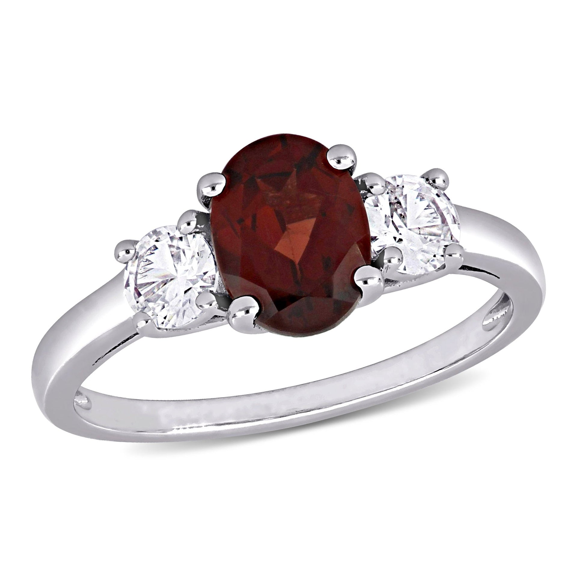 Oval Cut Garnet and Created White Sapphire 3-Stone Ring in Sterling Silver
