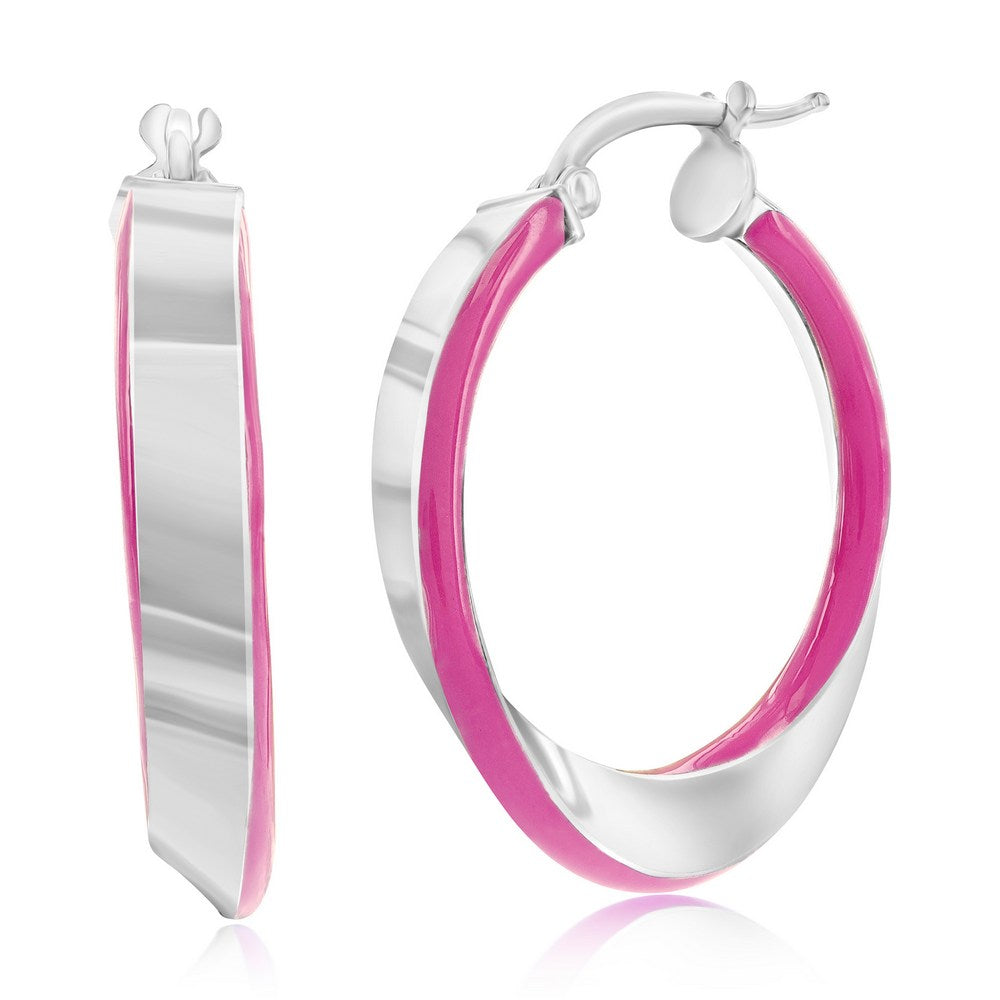Sterling Silver, Rose Violet Enamel Twist Hoop Earrings
