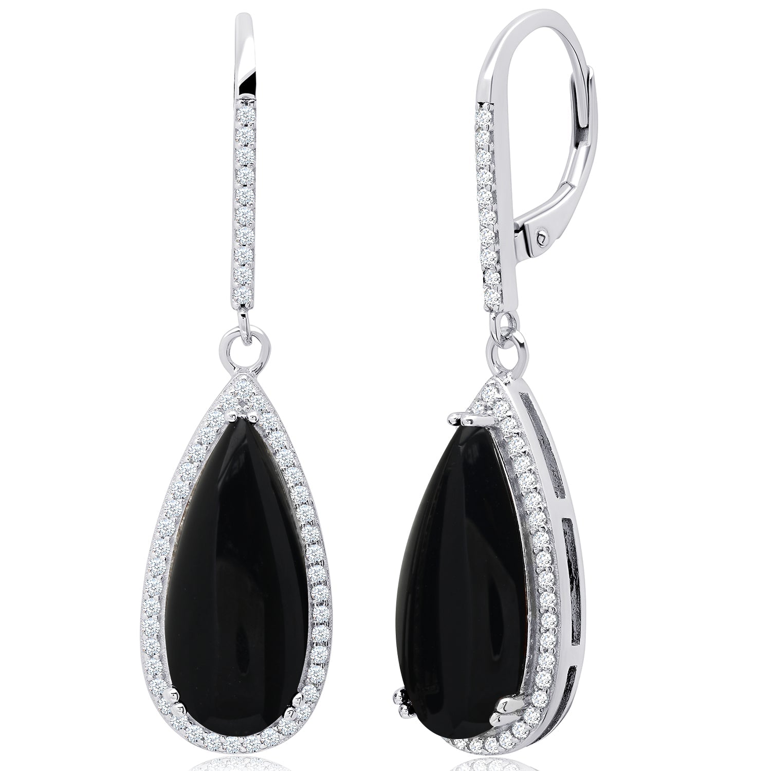 Pear Cut Gemstone Quartz and White Topaz Halo Dangle Leverback Earrings in Sterling Silver (18x8mm)