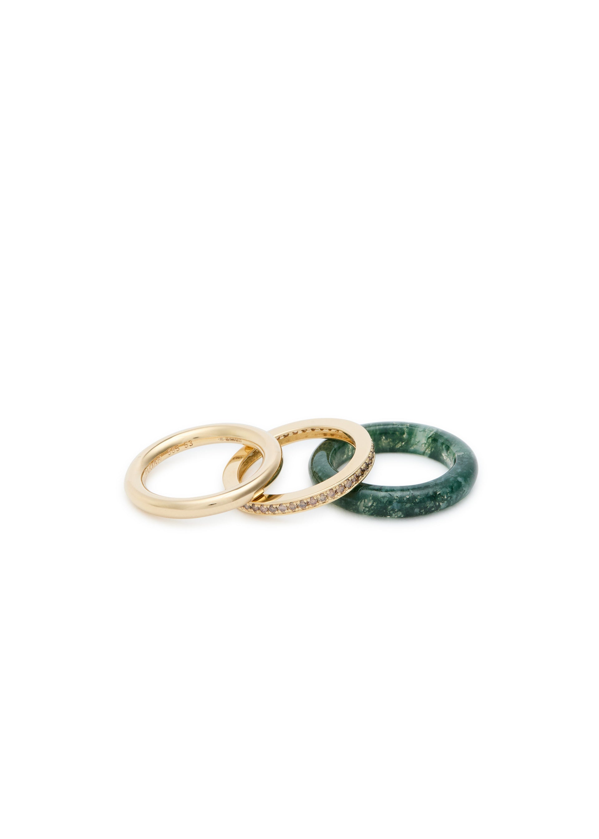 Moss agate and 14kt gold rings - set of three
