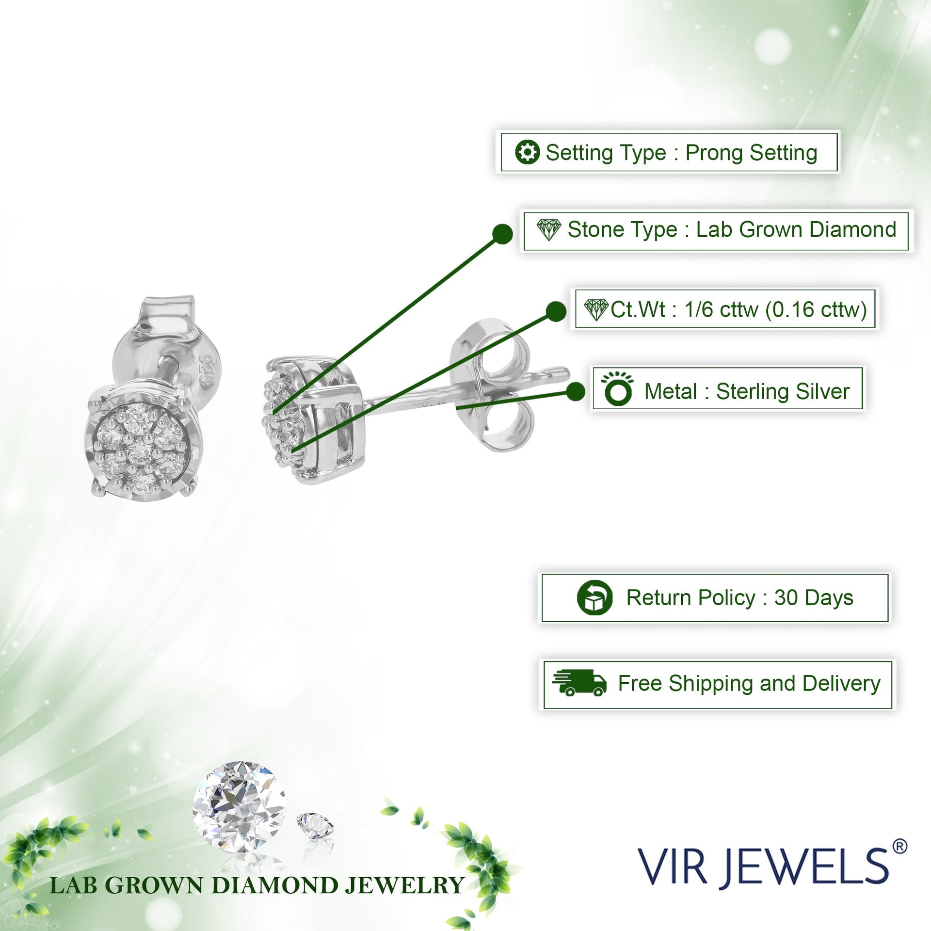 1/6 cttw Round Lab Grown Diamond Stud Earrings Prong Set On .925 Sterling Silver
