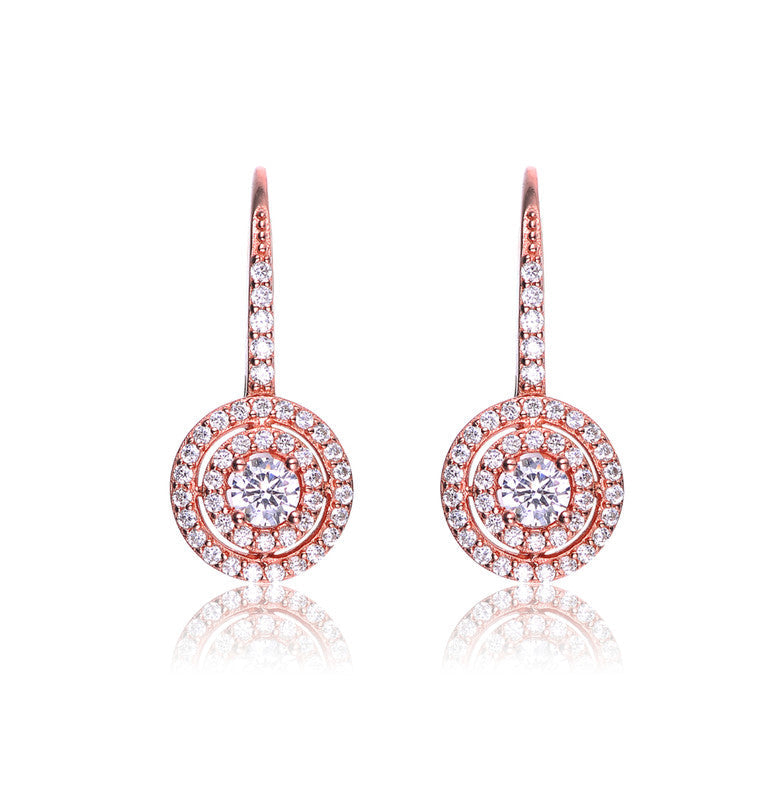 GENEVIVE Sterling Silver Rose Gold Plated Cubic Zirconia Double Halo Earrings