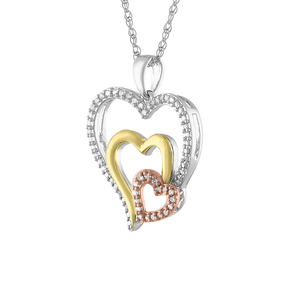 1/8 ct. tw. Diamond Triple Heart Tricolor Pendant in Sterling Silver & 10K Gold