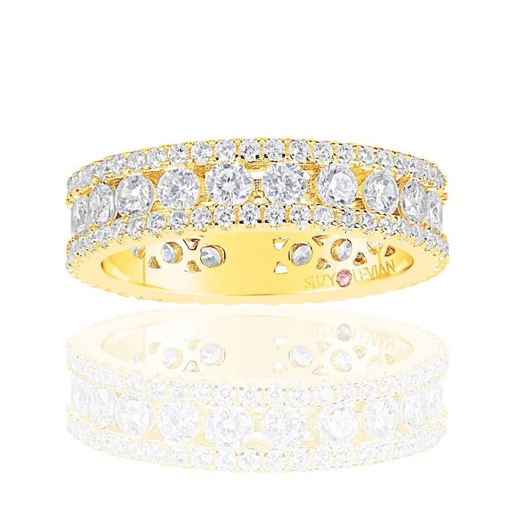 Suzy Levian Golden Sterling Silver Cubic Zirconia White Three Row Modern Eternity Band