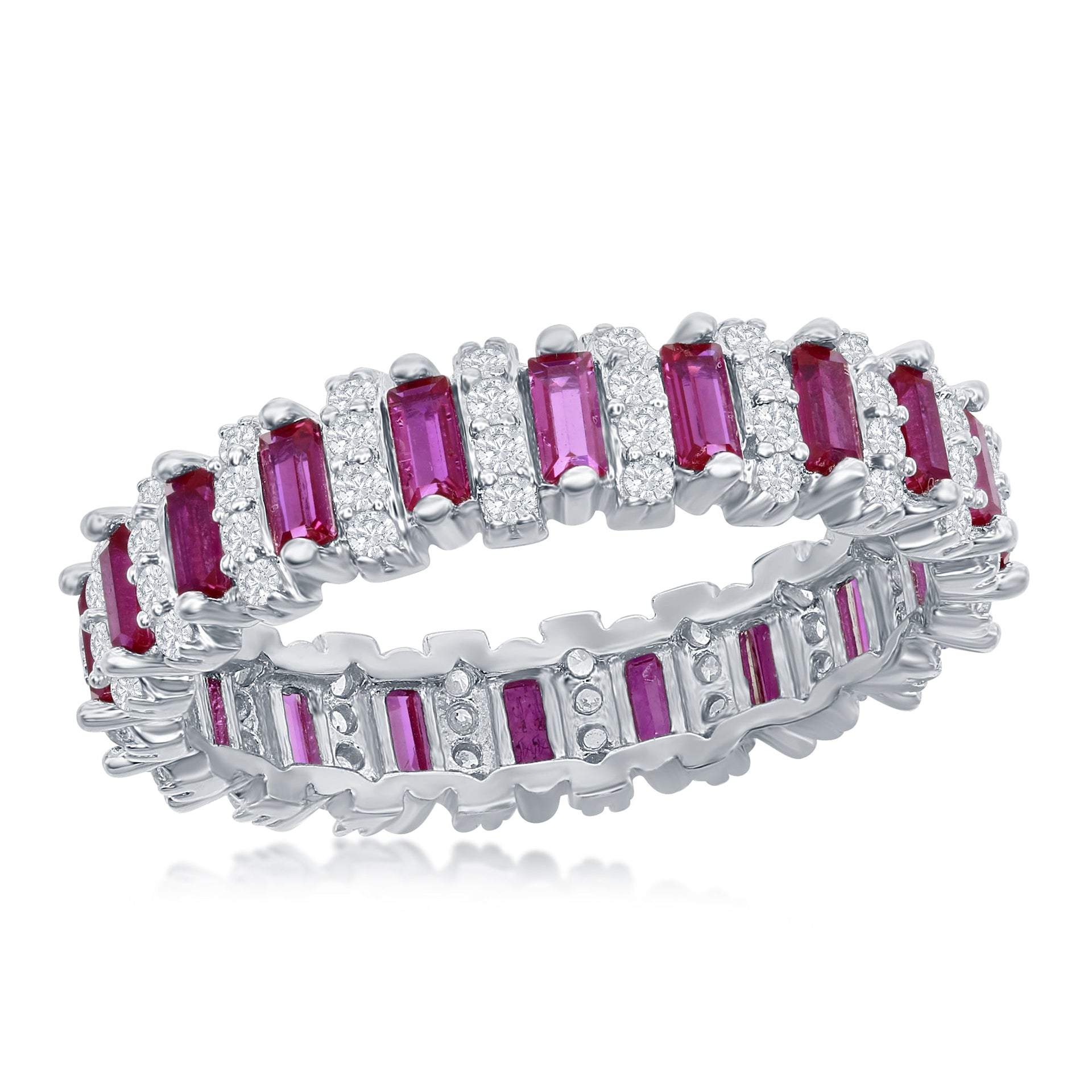 Sterling Silver Round & Baguette Eternity Band Ring - Simulated Ruby