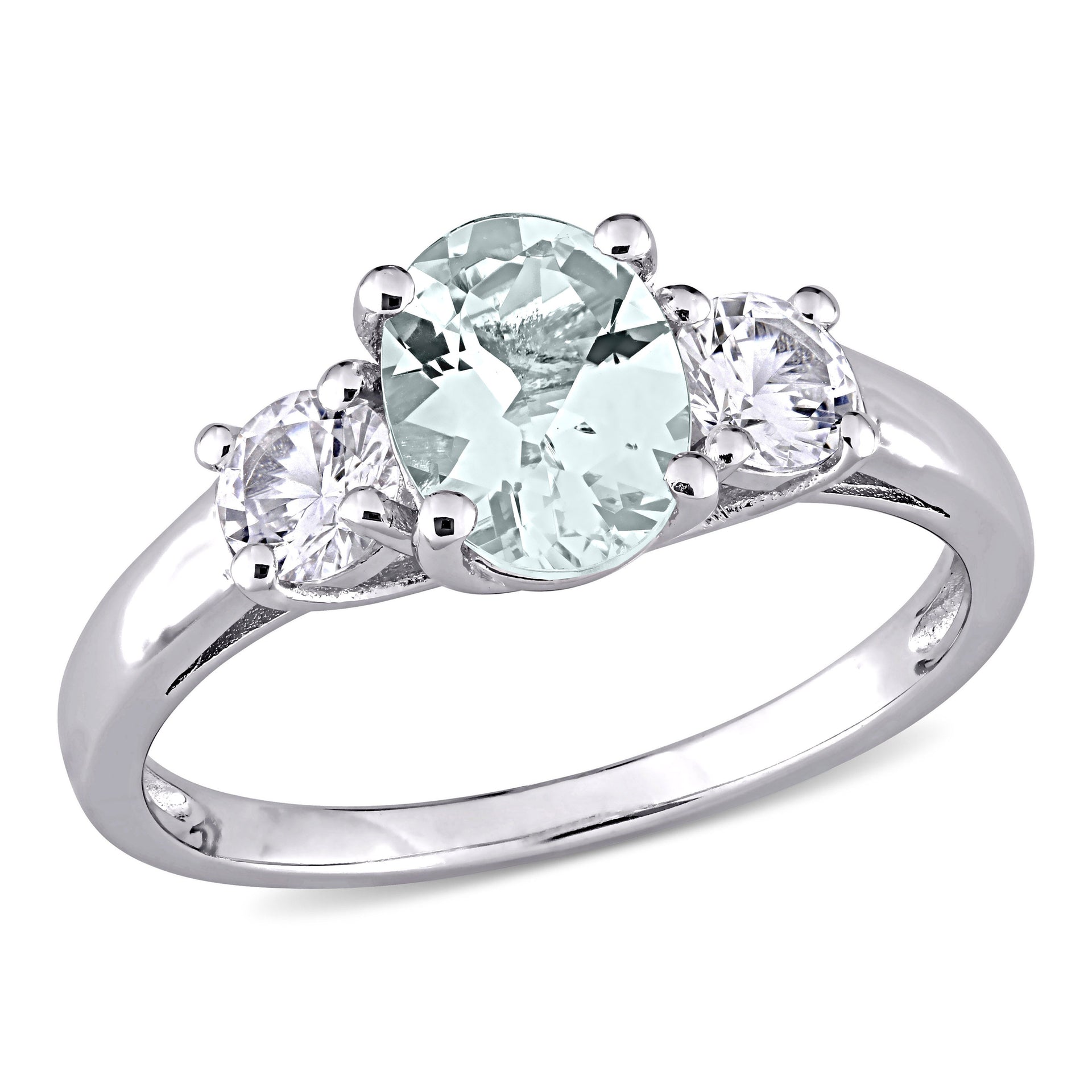 Oval Cut Aquamarine and Created White Sapphire 3-Stone Ring in Sterling Silver