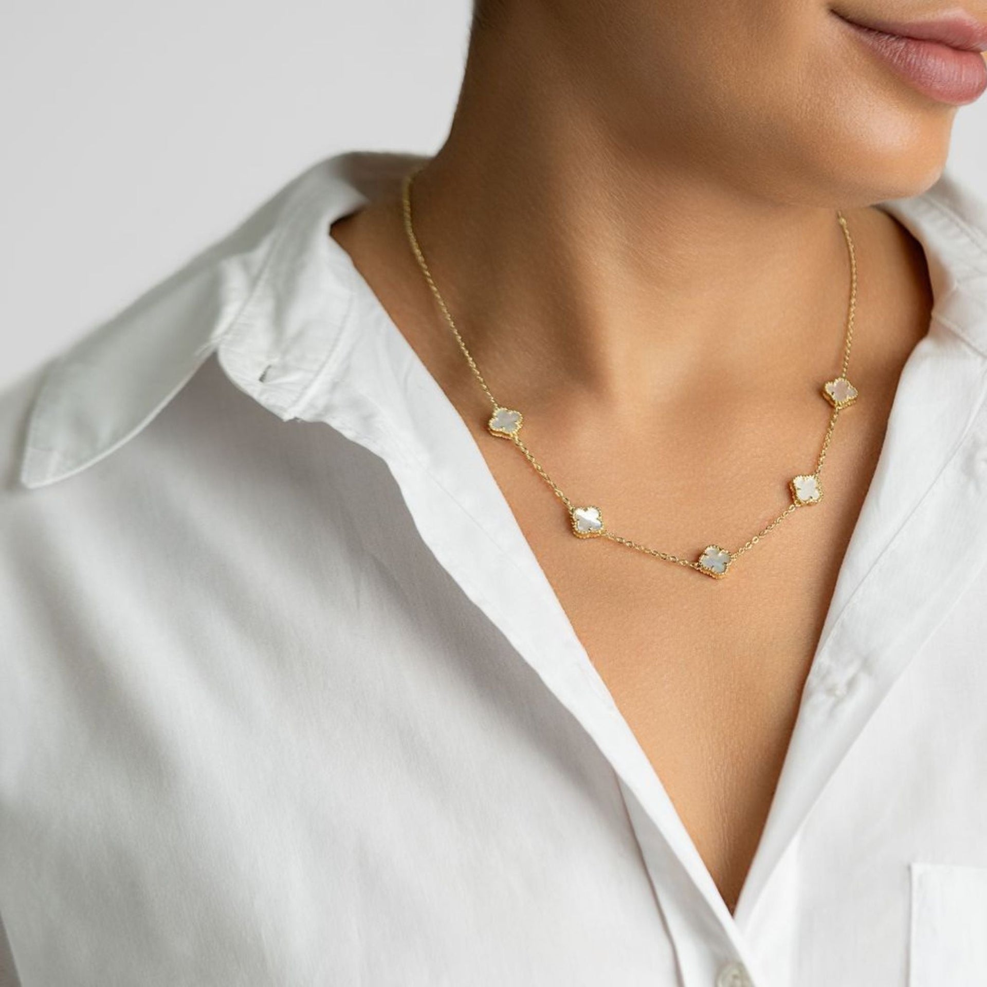 White Mother of Pearl Flower Station Necklace gold