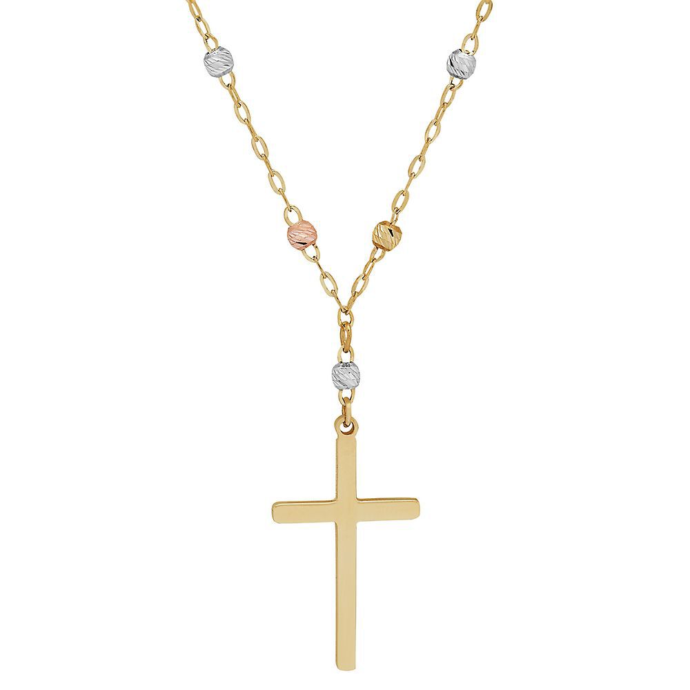 Tricolor Bead Cross Necklace in 14K Gold