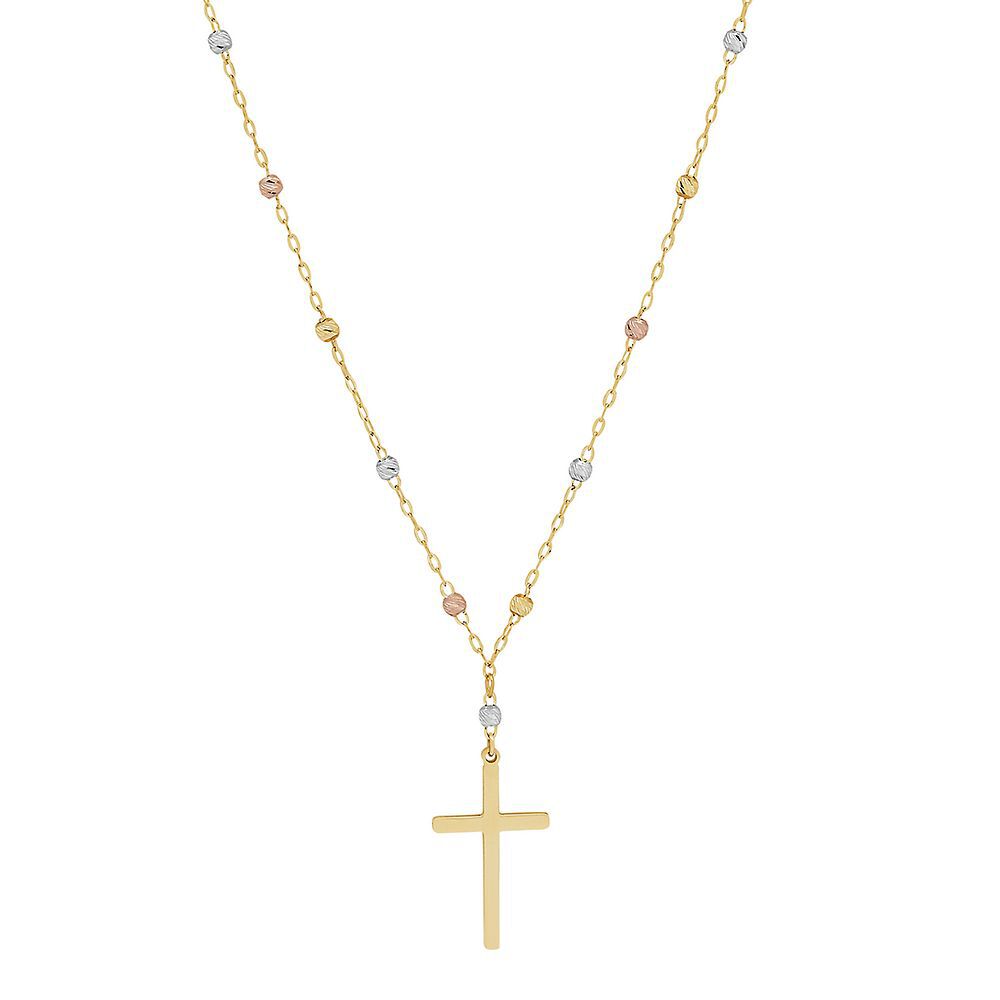 Tricolor Bead Cross Necklace in 14K Gold