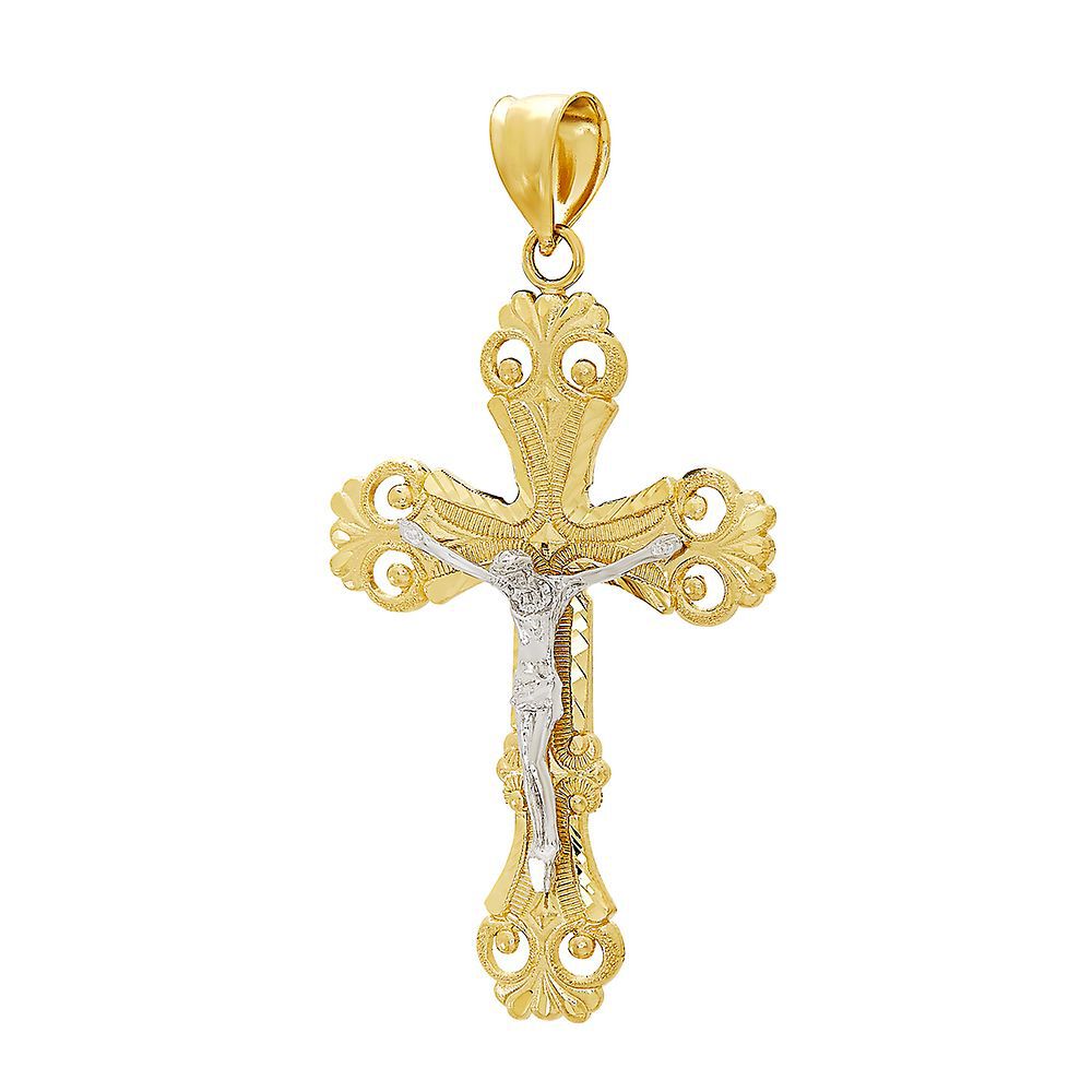 Diamond Cut Crucifix Charm in 14K Yellow & White Gold