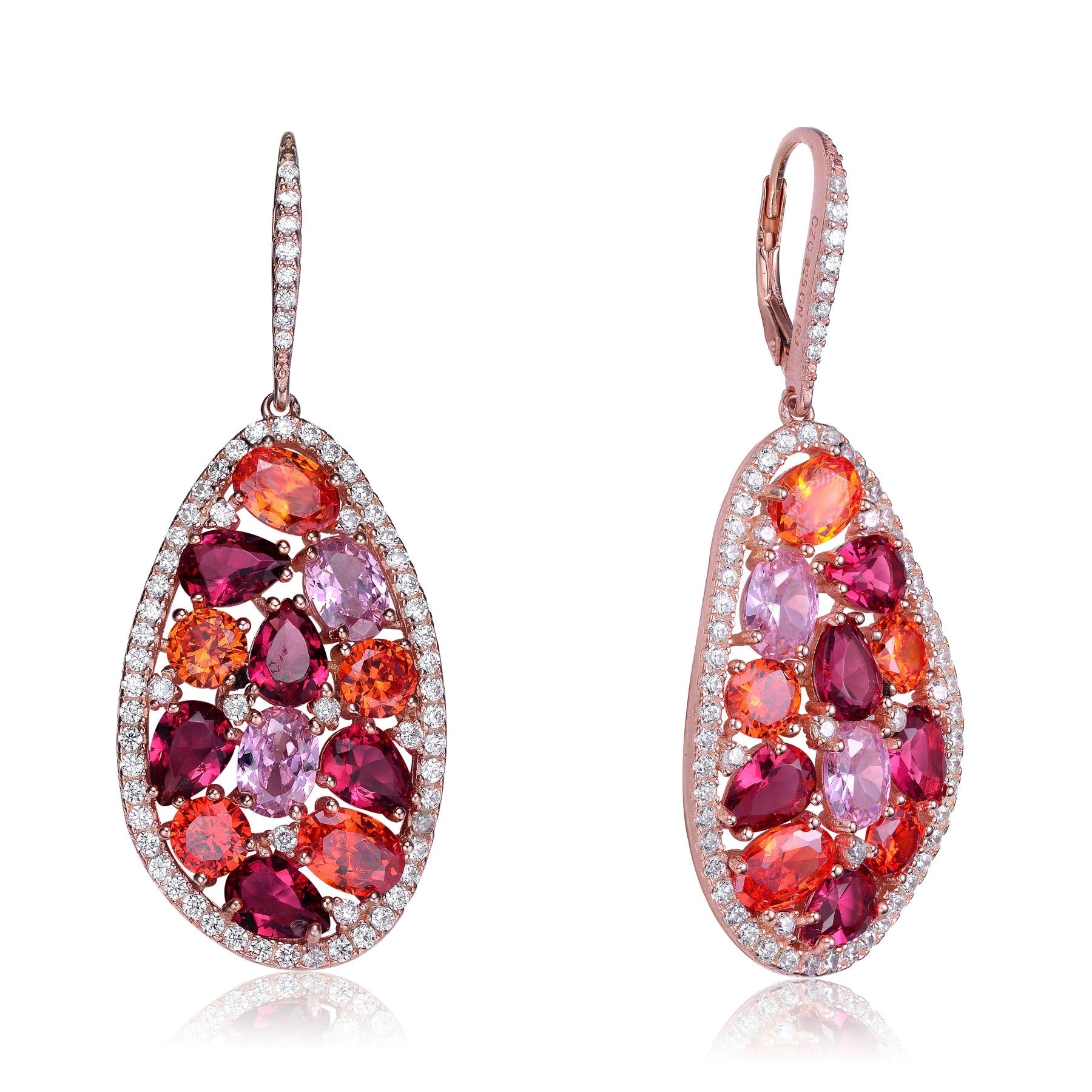 GV Sterling Silver Red, Purple and Pink Cubic Zirconia Pear Shaped Earring