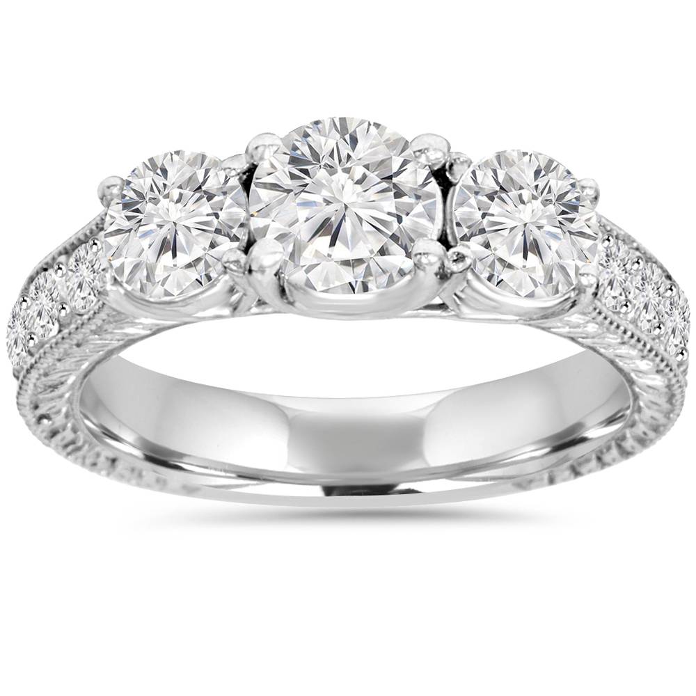 1 3/4ct Diamond Vintage 3-Stone Engagement Ring 14K White Gold Antique