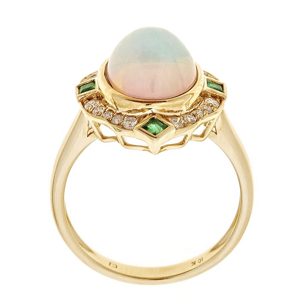 Opal, Emerald & 1/5 ct. tw. Diamond Ring in 10K Yellow Gold