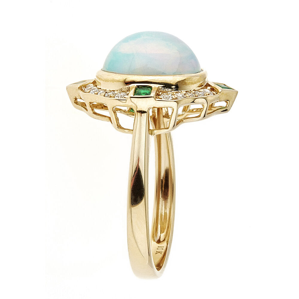 Opal, Emerald & 1/5 ct. tw. Diamond Ring in 10K Yellow Gold