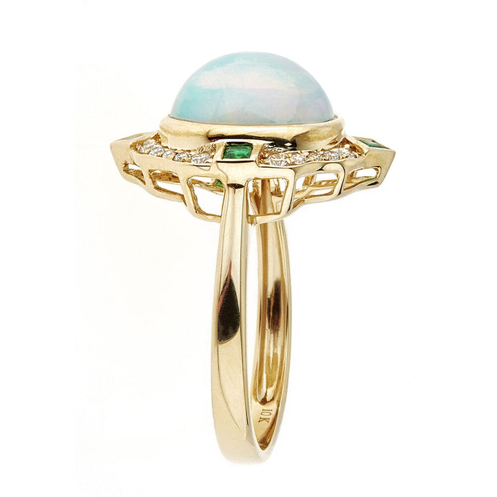 Opal, Emerald & 1/5 ct. tw. Diamond Ring in 10K Yellow Gold