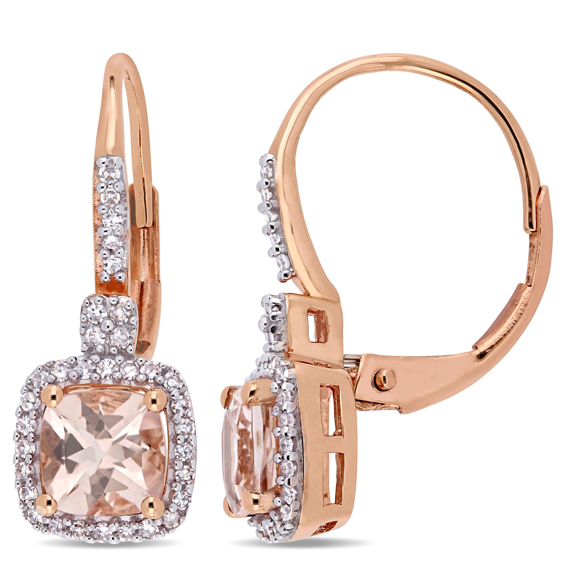 Cushion-Cut Morganite and 1/5ct TW Diamond Halo Leverback Earrings in 10k Pink Gold