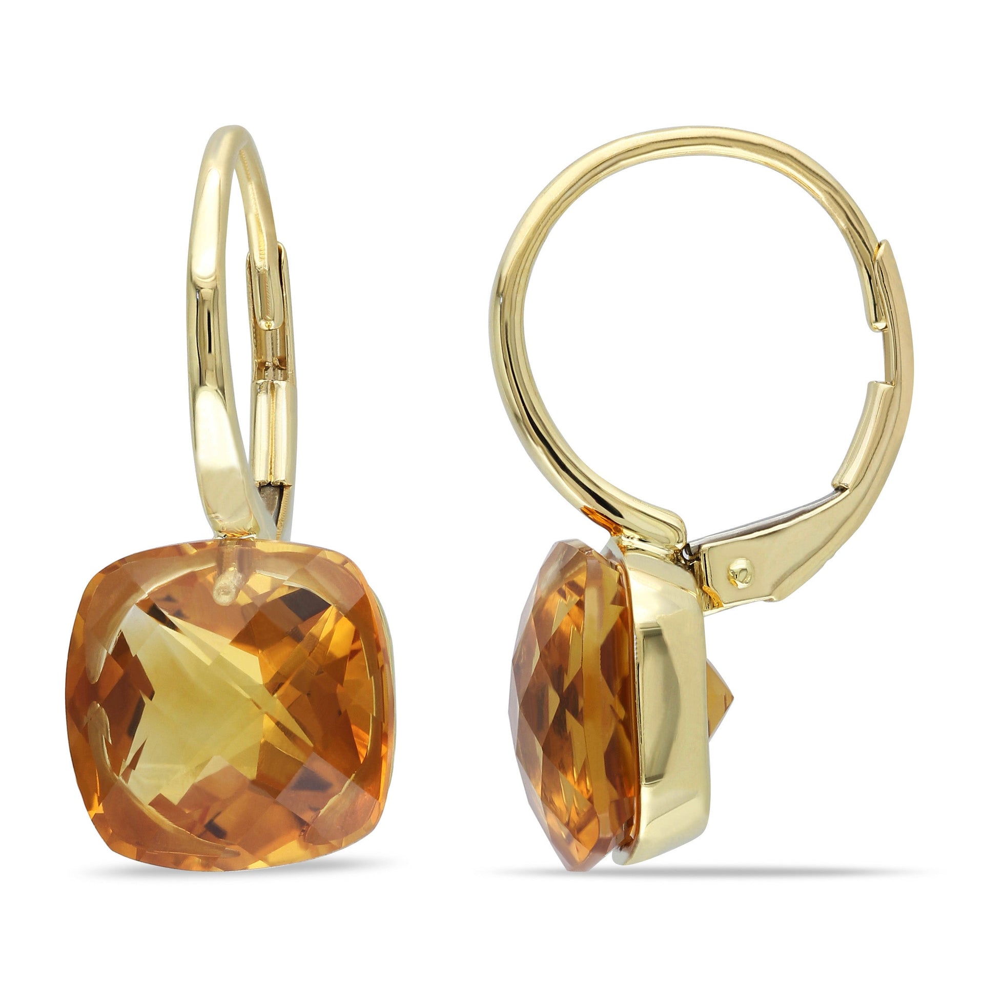 8 1/2 CT TGW Cushion Cut Checkerboard Madeira Citrine Leverback Earrings in 14k Yellow Gold