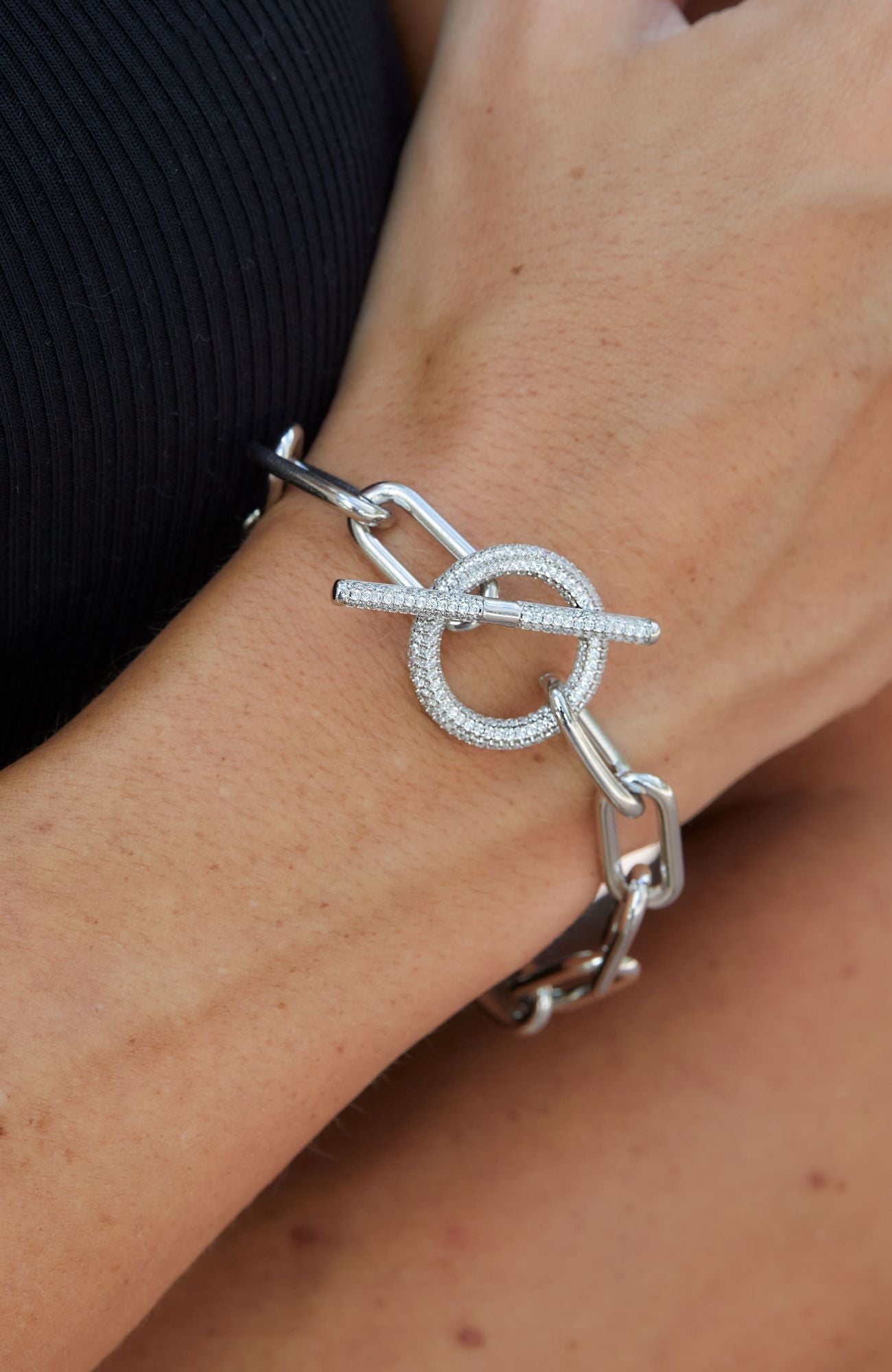 Rhodium Plated Paperclip Cz Toggle Bracelet