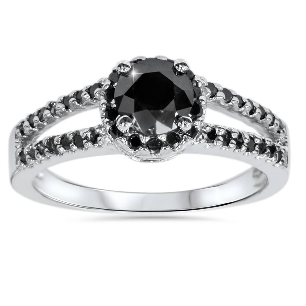 1 5/8 ct Black Diamond Pave Halo Engagement Ring 14K White Gold